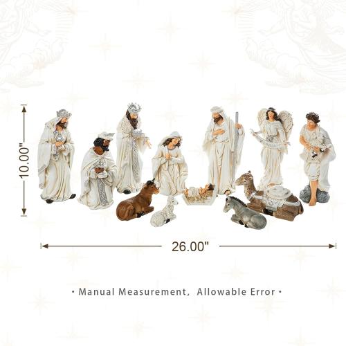 Glitzhome 12Pcs Ivory Resin Nativity Figurines Set Christmas Nativity Sets Tabletop Scenes Ornaments Xmas Nativity Collectible Figurines Indoor Decor Miniatures Statues Figures10.00 x 26.00