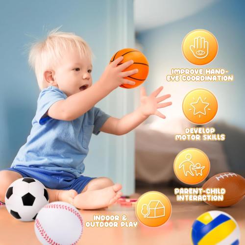 Balls for Toddlers Babies, Soft Baby Toys, 6 Pack 3.5 Foam Balls Kids Sports Set, Small Soccer Basketball Baseball Football Volleyball Tennis, Indoor Outdoor Toys Games Gifts for Boys Girls