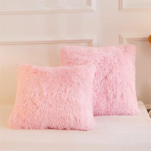 Faux Fur Throw Pillow Covers, Fluffy Soft Fuzzy Decorative Pillow Cases Cute Pillowcases for Home Bedroom Living Room, Zipper Closure, Set of 2 (Pink, 18x 18)