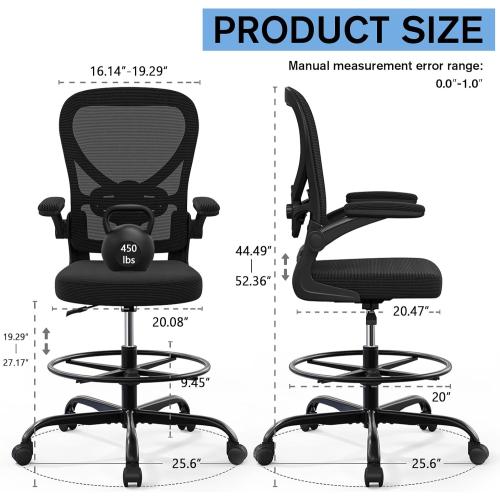 Alolo Drafting Chair,Big and Tall Office Chair with Footrest Ring,Ergonomic Chair for Counter Height and Standing Desk Comfy with Lumbar Support and Flip-up Armrests in Heavy Rolling Base,Black