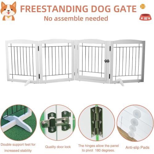 ZJSF White Freestanding Foldable Dog Gate with Door Walk-Through, 4 Panels Tall, 32-Inch H, Iron, Latch