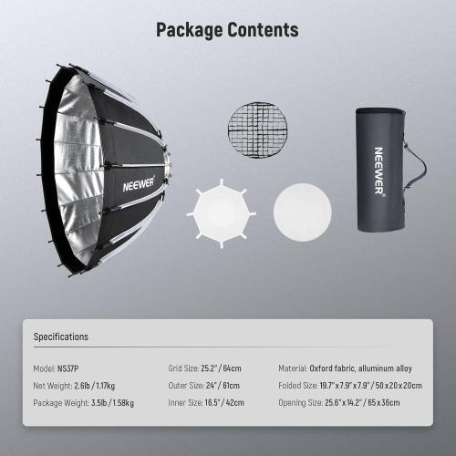 NEEWER Basics Parabolic Softbox Kit, 26/65cm Bowens Mount Soft Box with Light Diffusers for Studio Photography Video Recording Streaming Lighting Compatible with Godox Compatible with Aputure, NS37P