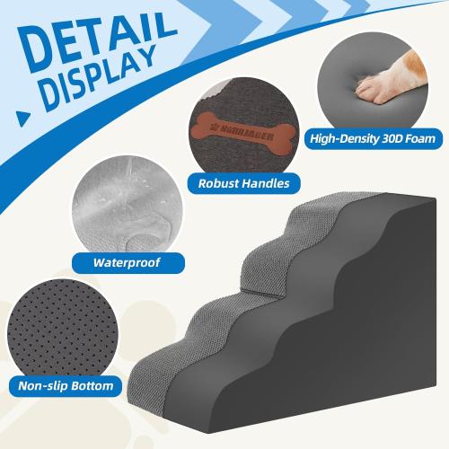 Dog Stairs 4 Steps for Small Dogs and Cats to Get on High Beds, Couch or Car, Pets Can Climb, Sit, Lie Down or Perch to Look Out Windows on The Spliceable Ramp, Provides Support, Grey（19 H）