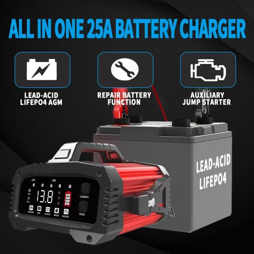 25Amp Car Battery Charger, Maintainer, 12V/24V LiFePO4 Lead Acid (AGM/Gel/SLA) Smart Trickle Charger, Engine Start Booster Mode, Battery Desulfator Repair Charger for Automotive Truck Motorcycle Boat