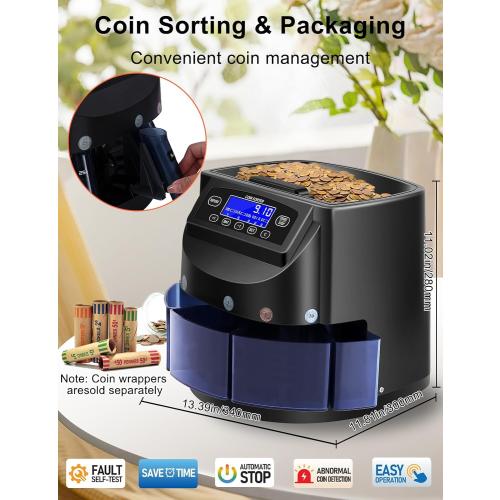 Coin Counter and USD Coin Sorter with LCD Display, 300-Coin Capacity, Automatic Change Counter for 1￠ 5￠ 10￠ 25￠ $1, 270 Coins/min,Coin Sorter and Wrapper Machine for Fast & Accurate Sorting