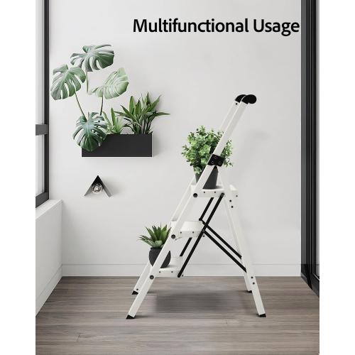 Taranta 3 Step Ladder, Lightweight Aluminum Step Stool with Convenient Handgrip, Folding Ladder with Anti-Slip Pedals, 330lbs Capacity Stepladder for Home, Office, Kitchen - White