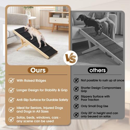 Dog Ramp for Couch, Wooden Dog Ramp for Low Bed,Sofa,Stairs , 6 Adjustable Height from 12'' to 22, Portable Stable Pet Steps with Non-Slip Pad for Small Medium Dogs Old Dogs & Cats, up to 90 lbs