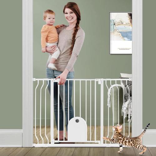 Baby Gate with Cat Door for Stairs - Baby Gate with Pet Door Auto Close 29.5-48.5 Safety Metal Dog Gate for Door Ways/Stairs/House/Walk Through with Includes 2 Extension Pieces and 4 Wall Cups