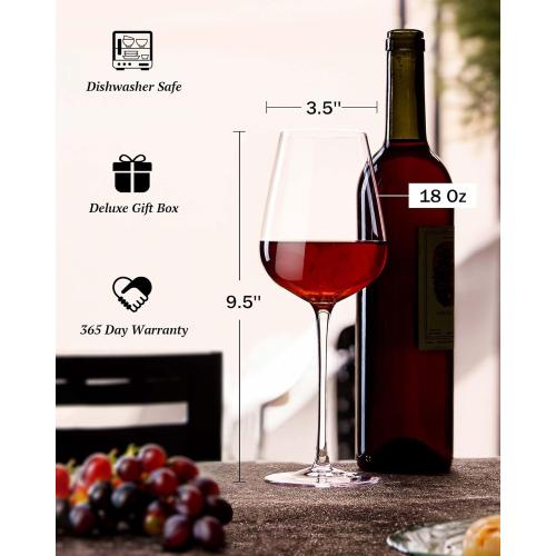 JBHO Hand Blown Italian Style Crystal Bordeaux Wine Glasses - Great Gift Packaging - Red Wine Glasses Lead-Free Premium Crystal Clear Glass - Set of 4-18 Ounce