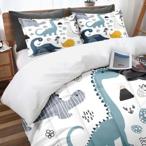 Dinosaur Cute Kids Comforter Set Twin Size, Dino Dragon Blue Yellow Soft Bedding Set with Pillowcases for Girls Teens Kids Boys Adults Bedroom Bed Decor,1 Quilt 1 Pillow Case