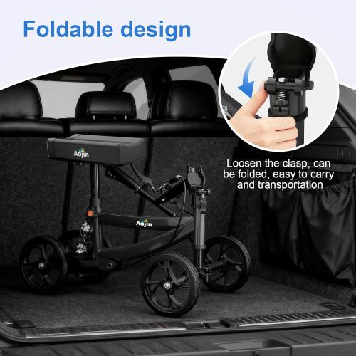 Knee Scooter, 300lbs Capacity, 13 Big PU Seat, All Terrain Foldable Knee Scooter Walker with Bag for Foot Injuries Compact Crutches Alternative (Black)