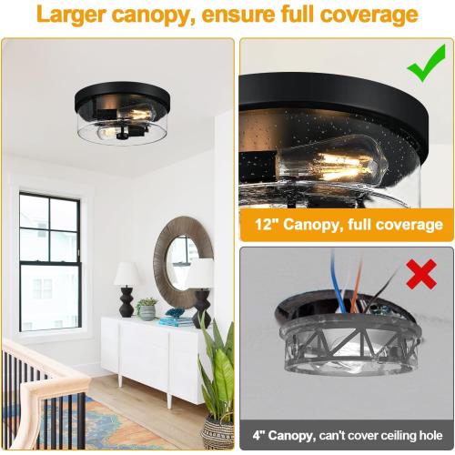 Black Flush Mount Ceiling Light Fixtures, 2-Light Ceiling Mount for Farmhouse with Seeded Glass Lampshade, Industrial Flush Mount Light Fixture Farmhouse for Hallway, Kitchen, Entryway and Foyer