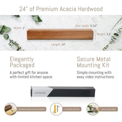 Premium 24 inch Magnetic Knife Holder for Wall with 2x Storage & Charming Wood - Knife Magnetic Strip, Under Cabinet Magnet Knives Storage - Magnet Strip Rack Kitchen Utensil Holder Organizer Tool
