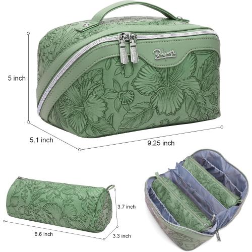 BOYATU Travel Makeup Bags Cosmetic Organizer Bag: 3-Set Large Capacity Make up Bag - PU Leather Toiletry Bags for Women - Wide Open Portable Pouch with Divider & Handle (03-Green-2)