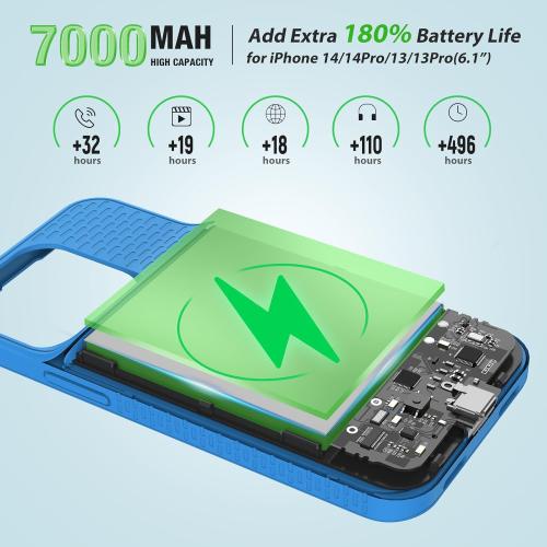 GIN FOXI Battery Case for iPhone 14/14Pro/13/13Pro, Ultra-Slim Charging Cases Rechargeable Anti-Fall Protection Battery Charger Charger for iPhone 14 Pro/14/13/13Pro(6.1 inch) 7000mAh Blue
