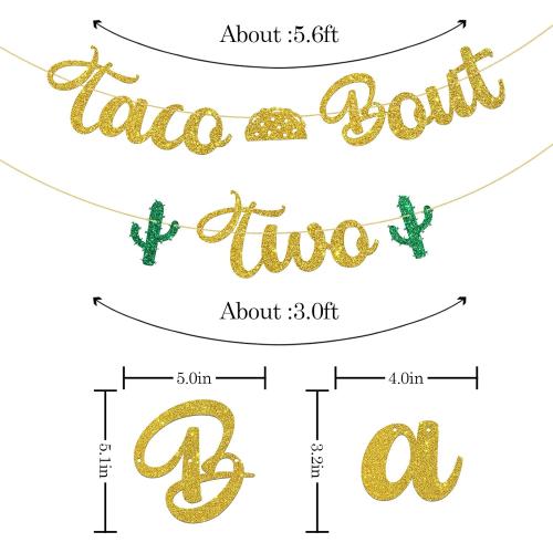 WeBenison Taco Bout Two Banner/Mexican Children 2nd Birthday Banner/Taco Bout Birthday Party Decoration Supplies Gold Glitter