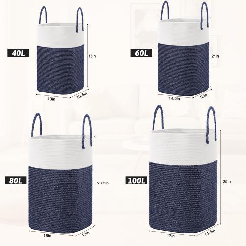 Laundry Basket,Woven Cotton Rope Laundry Hamper,Versatile Storage for Dirty Clothes,Baby Toys,and Blankets in Bathroom, Nursery,and Living Room (Blue, 40L)