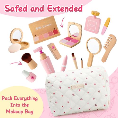 Lonico Wooden Makeup Toy Set for Girls Pretend Play Makeup Kit for Toddlers 3-5 with Eyeshadow/ Mascara/ Perfume/ Blush/ Mirror/ Bag, Birthday Gifts for Girls Toys Kids Aged 3 4 5 6 7 8