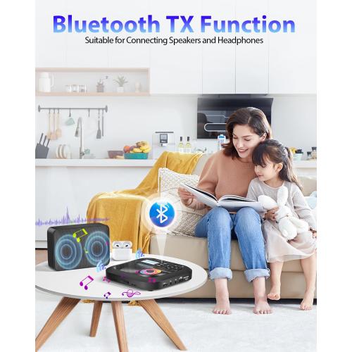 Portable-CD-Player with Bluetooth - Rechargeable with FM Transmitter, Dual Speakers, Headphones and AUX Use for Car Travel Home