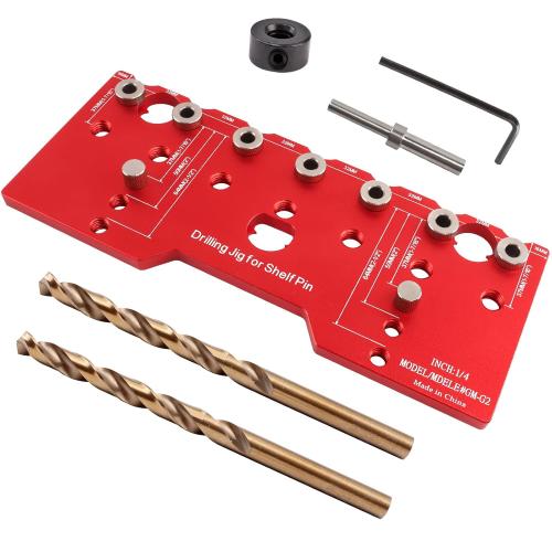 Shelf Pin Jig, 6mm Cabinet Adjustable Drill Guide, 1/4 Inch Aluminum Shelf Pin Drilling Jig Drilling for Straight Hole Shelf Pin Drilling Template Woodworking Tools, Red