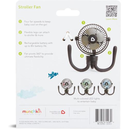 Munchkin Stroller Fan - Portable Fan for Travel, Baby Gear Accessory with 4 Speeds, Flexible Clip-on Leg Attachment, Rechargeable Battery, Black with Multicolored LED Lights