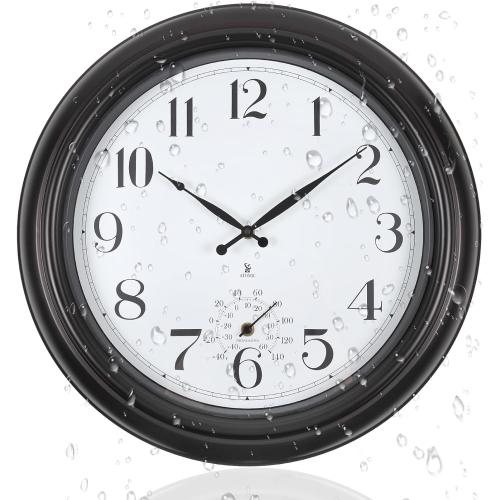 Atomic Outdoor Wall Clock  Sealed Outdoor Waterproof Clock with Temperature, Auto-Set Time, Easy to Read - Large Patio, Pool Clock for Outside, Backyard, Garden