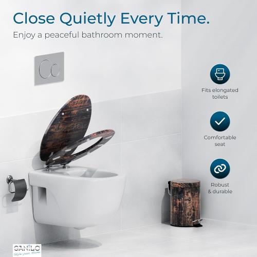 SANILO Wooden Toilet Seat with Soft Close [ELONGATED] - Decorative, Quiet & Slow Close Molded Wood Seat - With Strong Bumpers & Hinges - Adjustable Fit - Vintage