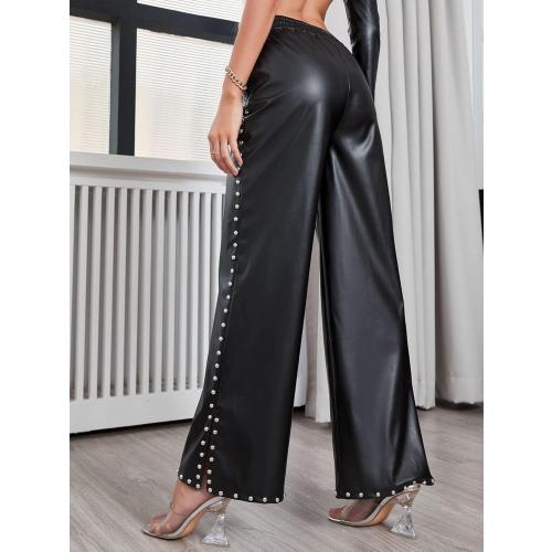 Size L Women's Wide Leg Faux Leather Pants Rivets Pearls Elastic Waist Beggy Trousers with Pockets