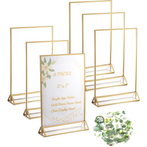 Acrylic Sign Holders 5x7” with 5 Stickers, Double Sided Clear Display Stand, Gold Tabletop Picture Frame, Table Menu Holder Display Stand for Wedding Number (Gold, 5 Pack 5x7 Inch)