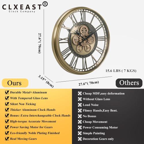 CLXEAST Gold Moving Gear Wall Clock for Modern Living Room Decor,Oversized Large Metal Roman Numeral Wall Clocks for Farmhouse Home Decor,28 Inch