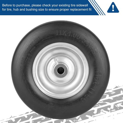 2pack 11x4.00-5 Flat Free Solid Tubeless Tire w/Silvery Steel Rim Fits Zero Turn Mowers, 3.4-4-4.5-5 Centered Hub, Bore ID: 3/4 or 5/8, Come with Universal Adapter Kit, Set of 2
