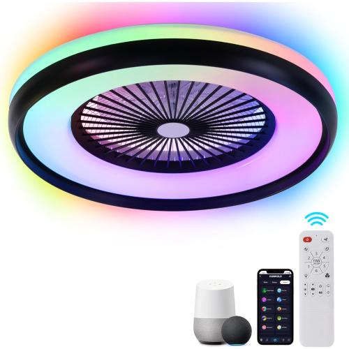 24 Bladeless Ceiling Fan with RGB Light Remote, Smart LED Ceiling Fans with Voice/App Control, Modern Low Profile Dimmable Light Ceiling Fan for Bedroom Living Room Black