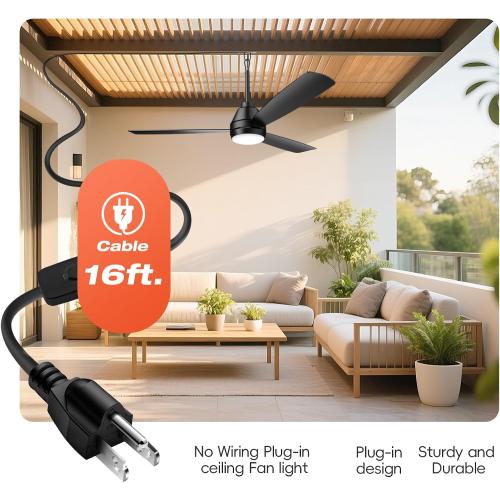 PBLALA 52 Outdoor Ceiling Fans with Lights,Plug in Ceiling Fan Light,Gazebo Fan Light,Hanging with Hook,50W,3CCT,App&Remote Control,6-Speeds,DC Motor,Portable Fan for Patios,Pergola