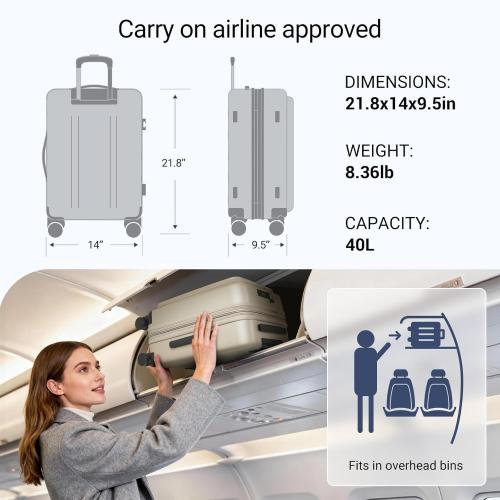 Carry On Luggage with Top Opening, Expandable with Front Pocket and USB Charging Port, Lightweight with Front Compartment Rolling Suitcases with Spinner Wheels (Khaki, 20 Inch)