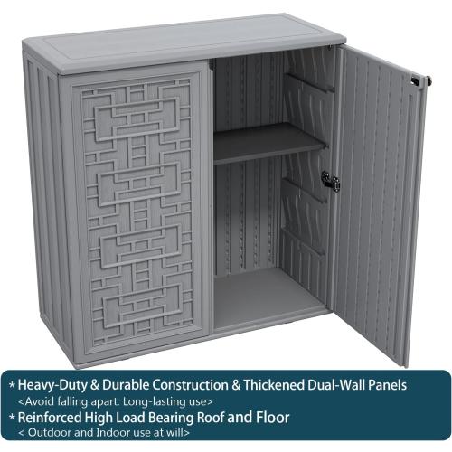 HOMSPARK Indoor/Outdoor Storage Cabinet with Doors and Shelf, 34”x15”x36” HDPE Plastic Storage Box Waterproof for Patio, Garden, Balcony, Multi-Purpose for Daily Tools, Grey