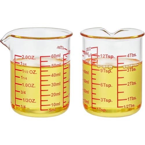 High Borosilicate Glass Measuring Cup-V-Shaped Spout，Glass Measuring Beaker for Kitchen or Restaurant, Easy to Read, 60 ML (2 Oz)-Pack of 2