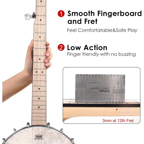 AKLOT 5 String Banjos Full Size Open Back Banjo Adjustable Maple Body Remo Head with 2 Tuning Wrench, 4 Picks, Strings, Tuner, Strap Ruler, Cleaning Cloth, Gig Bag for New Beginner Professional