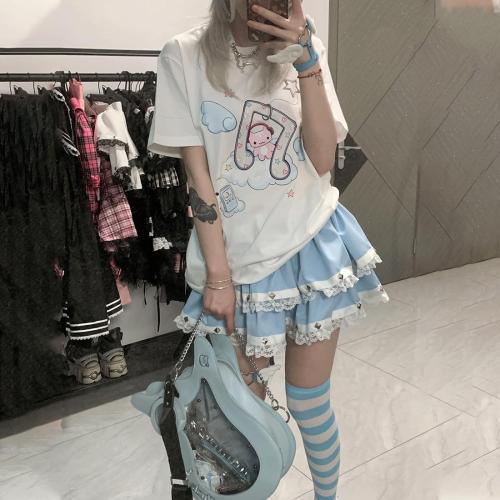RILGOU Harajuku Style Pastel Kawaii Gothic Clothes Casual Crewneck Soft Cartoon Cute Cat Music Angel Print T-Shirt Size Large
