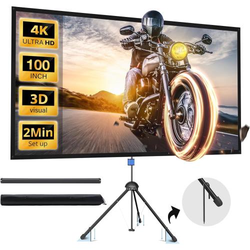 Projector Screen with Stand, Paris RHÔNE 100-inch Outdoor Indoor Projector Screen 16:9 4K HD PVC, 1.5 Gain Portable Wrinkle-Free Movie Screen for Home Backyard Theater with Carry Bag, Ground Nails