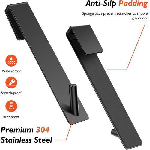 Shower Door Hooks(7.5 Inch),Extended Over Door Hooks for Bathroom Frameless Glass Shower Door,Stainless Steel Towel Hooks,Heavy Duty Rack Hooks for Robe,Towel-2 Pack-Black