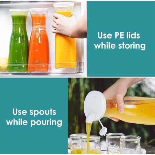 Glass Carafe, 1 Liter Carafe for Mimosa Bar, 4 Pcs, Square Pitcher with Lid and Spout, Drink Dispenser for Parties, Cold Water, Milk, Juice Container, Tea, Wine, Cocktails (6 Lids & 1 Spout)