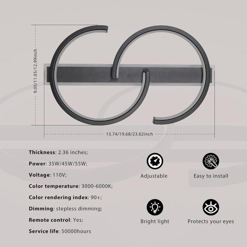 YCMGEAD LED Ceiling Light 2 Rings Black Modern Flush Mount Ceiling Lamp with Remote 3000-6000K Living Room Light Fixture 23.62in for Bedroom Dining Room Office