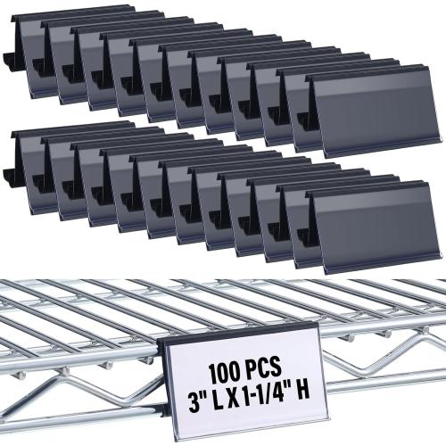 Kathfly 100 Pcs Wire Shelf Label Holders Compatible with Metro 1-1/4in Shelves, Plastic Wire Rack Label Holder 3 l x 1.25 H Price Tag Shelf Clips On, Black