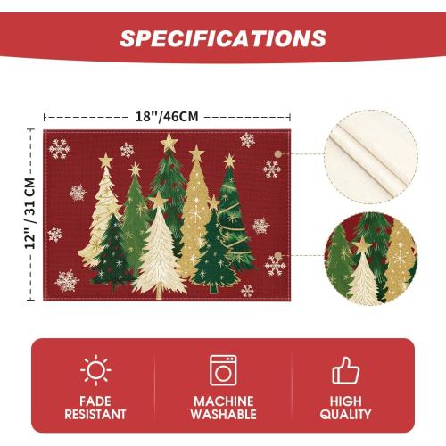 Artoid Mode Xmas Trees Snowflakes Winter Placemats Set of 4, 12x18 Inch Seasonal Red Christmas Table Mats for Party Kitchen Dining Decoration