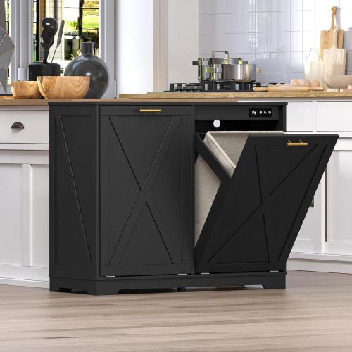 Color Black Tilt Out Trash Can Cabinet for 2 Bins, Hidden Recycle Garbage Bin Enclosure, Wooden Double Laundry Cabinet with Odor Control, Negative Ion & Ozone, for Kitchen, Bathroom, Laundry Room