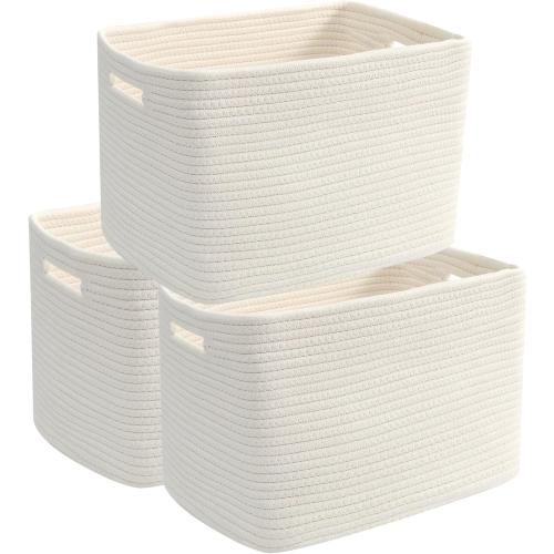 3 Pack Woven Storage Baskets for Shelves, Organizing Bins,Gift Baskets for Toys/Books/Towels/Clothes,Storage box for Nursery,Bedroom&Living Room Home Organization(White)