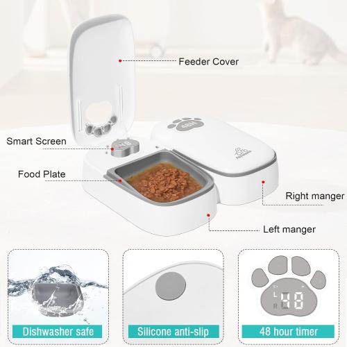 Automatic Cat Feeder 2 Meal, 48H Timer Wet Dry Cat Food Dispenser, with Display and Power Saving Mode, for Cat and Dog Automatic Feeder