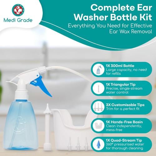 Medi Grade Ear Cleaning Kit Including Ear Cleaner Bottle, Basin with Quad-Stream tip - Earwax Removal Kit for Enhanced Hearing Clarity - Ear Wax Removal Tool for Ear Hygiene