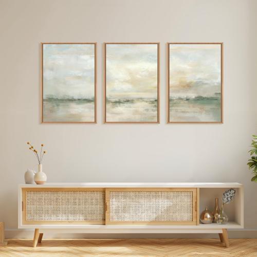 LHIUEM Large Abstract Green Gray Pastel Framed Canvas Wall Art,Neutral Landscape Wall Decor,Modern Watercolor Lake Artwork,Beige Textured Illustrations Art for Living Room,Bedroom,Office- 24x36x3