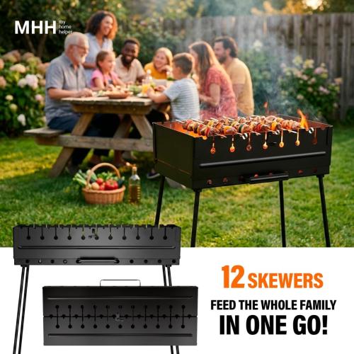 Portable Mangal Grill for 12 Skewers - Foldable Charcoal BBQ for Shashlik, Kebab, Kabob - 2mm Steel, Compact Case, Tool-Free, (Skewers Not Included)